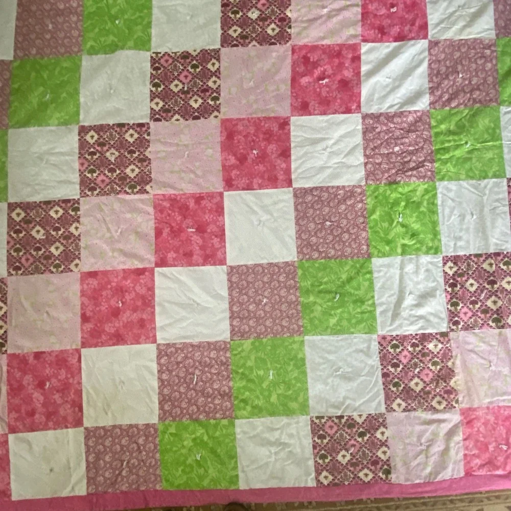 Handmade Patchwork Quilt Pink Green Floral Damask Tied Bedding Cottagecore King